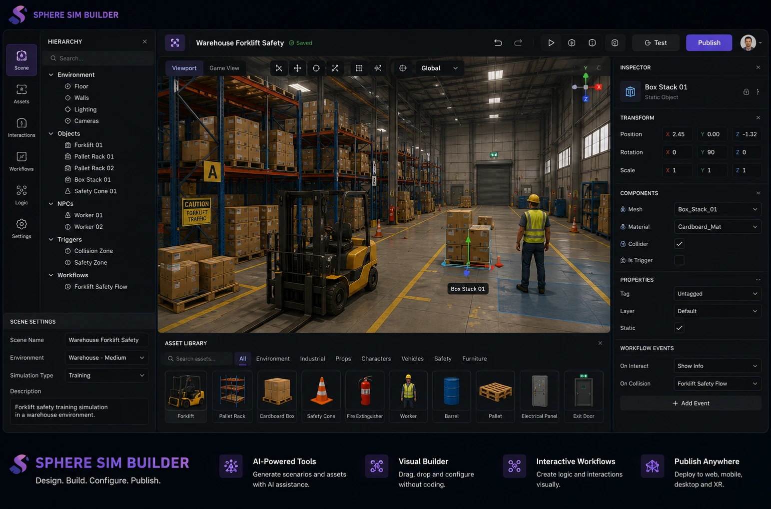 Sphere Sim Builder editing a warehouse forklift safety scene: a hierarchy of environment, objects, NPCs, triggers and workflows on the left, a 3D viewport with transform gizmos in the center, an inspector with transform, components and workflow events on the right, and an asset library along the foot.